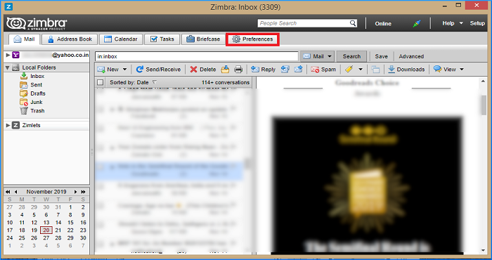 launch zimbra email preferences